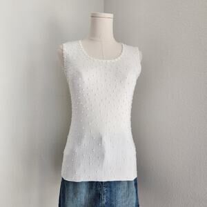 Vintage 90s Y2K White Pearl Beaded Ribbed Knit Tank Top Sleeveless S Bridal